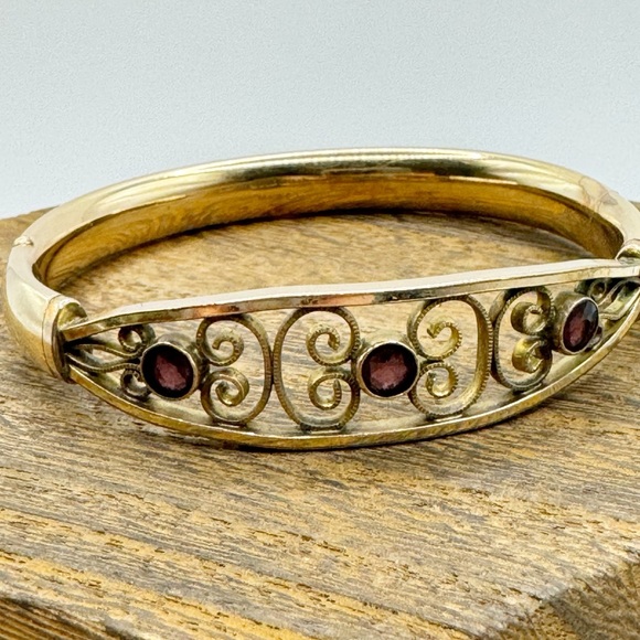 Antique Victorian MH & Co amethyst filigree gold shell hinged bangle bracelet - Picture 1 of 15